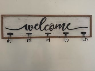 Rustic Wooden 'Welcome' Sign with Coat Hooks dimensions: 1’ x 4’