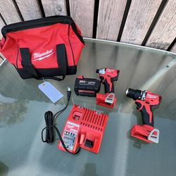 Milwaukee M18 Brushless  Compact 1/2” Hammer Drill 1/4” Hex Impact Driver with 5.0Ah battery and charger / New
