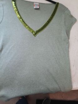 Vintage "Weavers girl" Army green T-shirt with low cut v-neck Lime green sequins on front