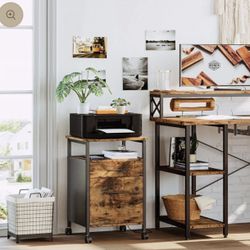 Filing Cabinet on Wheels, Printer Stand with 2 Drawers and charging station, Rustic Brown and Black