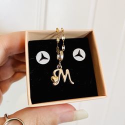Gold & Silver Plus White & Black Mercedes M Logo & Heart Jewelry Set Earrings And Charm Chain Necklace 