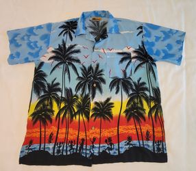 Ingear Mens Hawaiian Shirt Size L Palm Trees Beach Sunset Dancers Ocean Birds