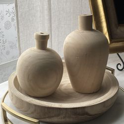 New ! Paulownia Wood Vase Set With Bowl Plate 