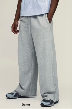 boohooMAN Extreme Wide Leg Loopback MAN Script Embroidered Raw Hem Joggers - Grey Marl (Small)