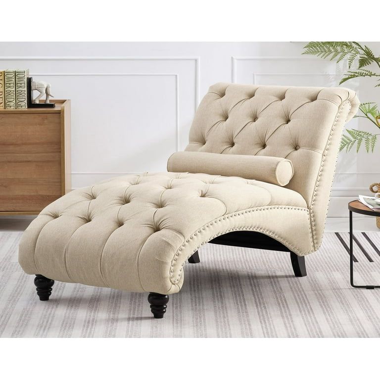 NEW- Chaise Lounge Indoor, Lounge Chair with Wood Legs, Leisure Accent Chair, Upholstered Lounge Couch for Bedrooom/Living Room, Beige
