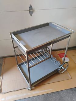 Outdoor Brushed Aluminum Rolling Bar Serving Cart With Bottle Holders