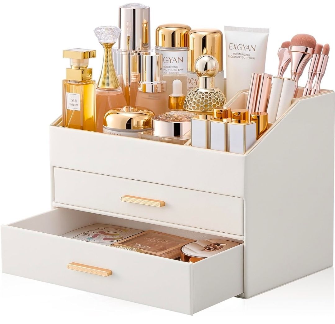 Makeup Organizer for Vanity Desk, 3-Layer PU Leather Luxury Make Up Storage Cosmetics Holder Box with Drawers -Cream