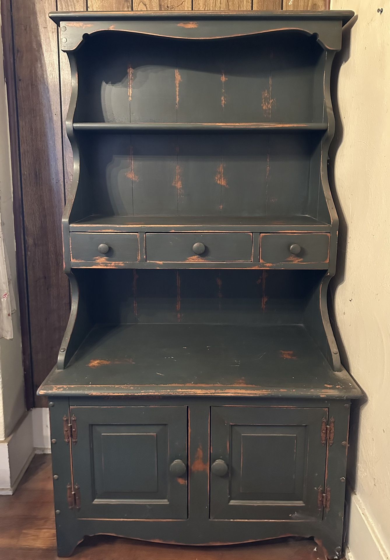 Antique Primitive Stepback Solid Wood Cupboard Green