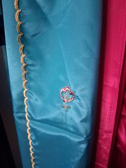 Teal Satin Fabric with Gold Trim and Embroidery