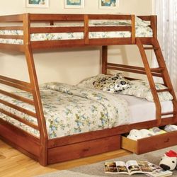 Brand New Oak Twin Over Full Bunk Bed w Trundle Drawers 