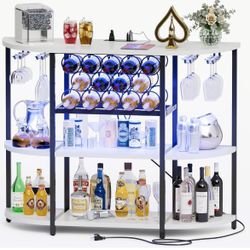 Wine Bar Cabinet for Liquor Bar Table Bar Cabinet with Lights and Outlet 4-Tier Storage Freestanding Wine Racks with Glass Holder Mini Bars for