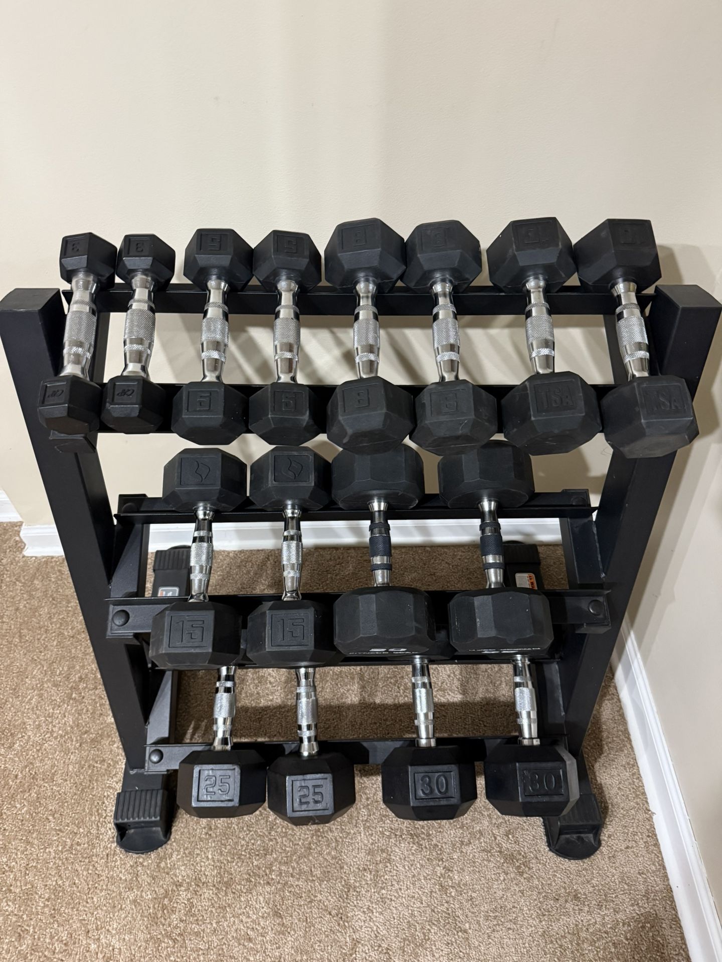 Coated chrome handle dumbbell set with storage rack
