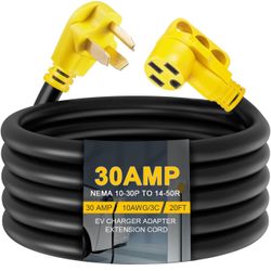 20ft NEMA 10-30P To 14-50R, 30 Amp Extension Cord