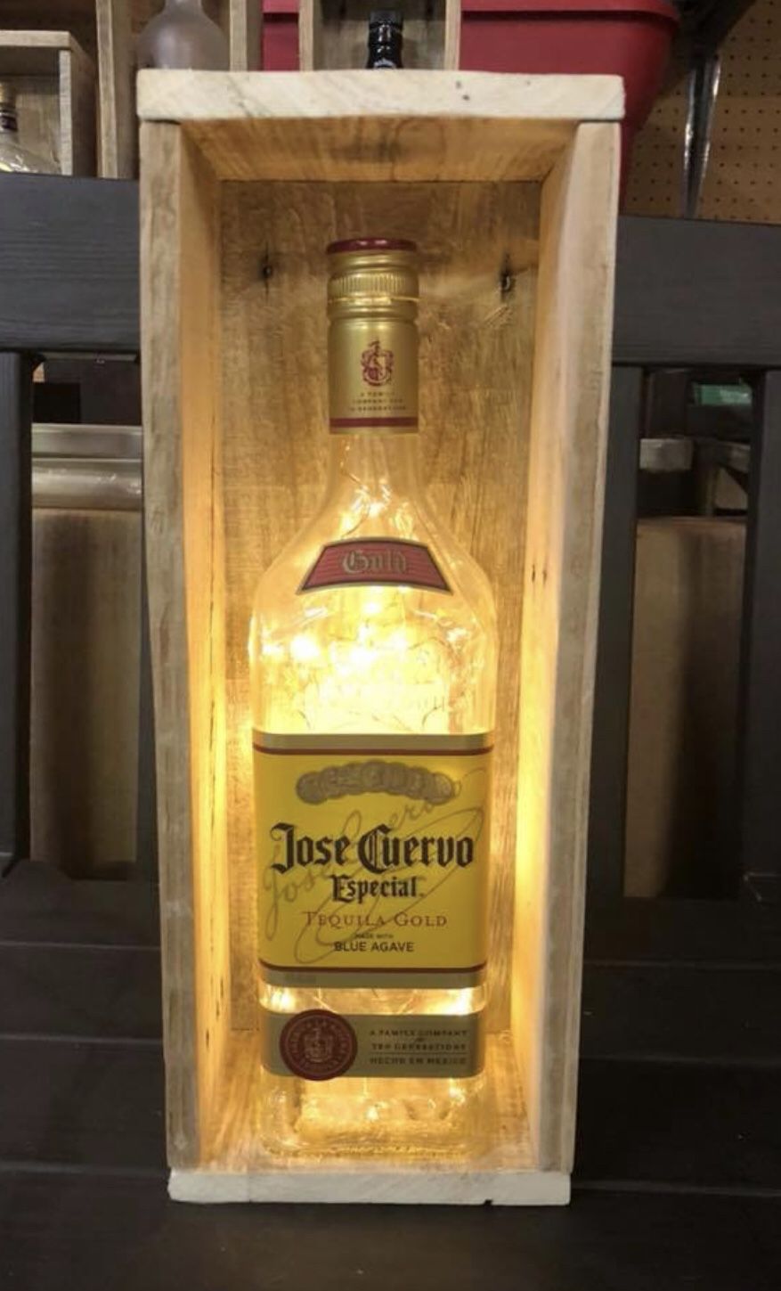 Jose Cuervo Tequila Bottle Light, Wood Frame, Christmas Lights