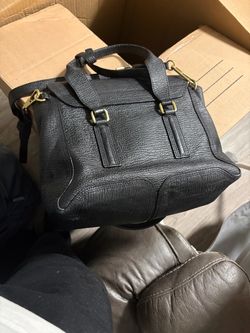 Black Leather Satchel Handbag with Gold Hardware