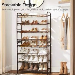 8 Tier Metal Shoes Rack Storage Shelf, Stackable ，Adjustable Slanted Shelves Tower Organizer，Bronze