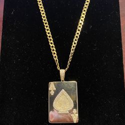 925 Sterling Silver Gold Tone 26” Chain And Pendent Ace Of Spades
