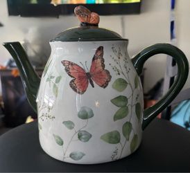 Ceramic Teapot with Butterfly and Botanical Design