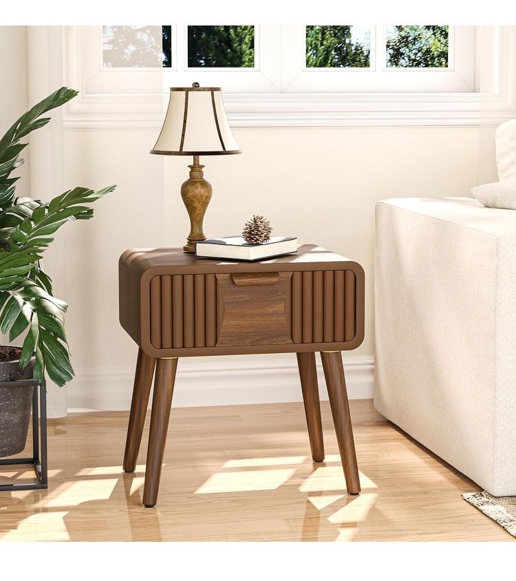 SUNBURY Nightstand, End Table, Side Table with Drawers for Bedroom, Living Room, Wood Side Accent Table with Storage, Brown-1 Drawer-Patchwork Vertica