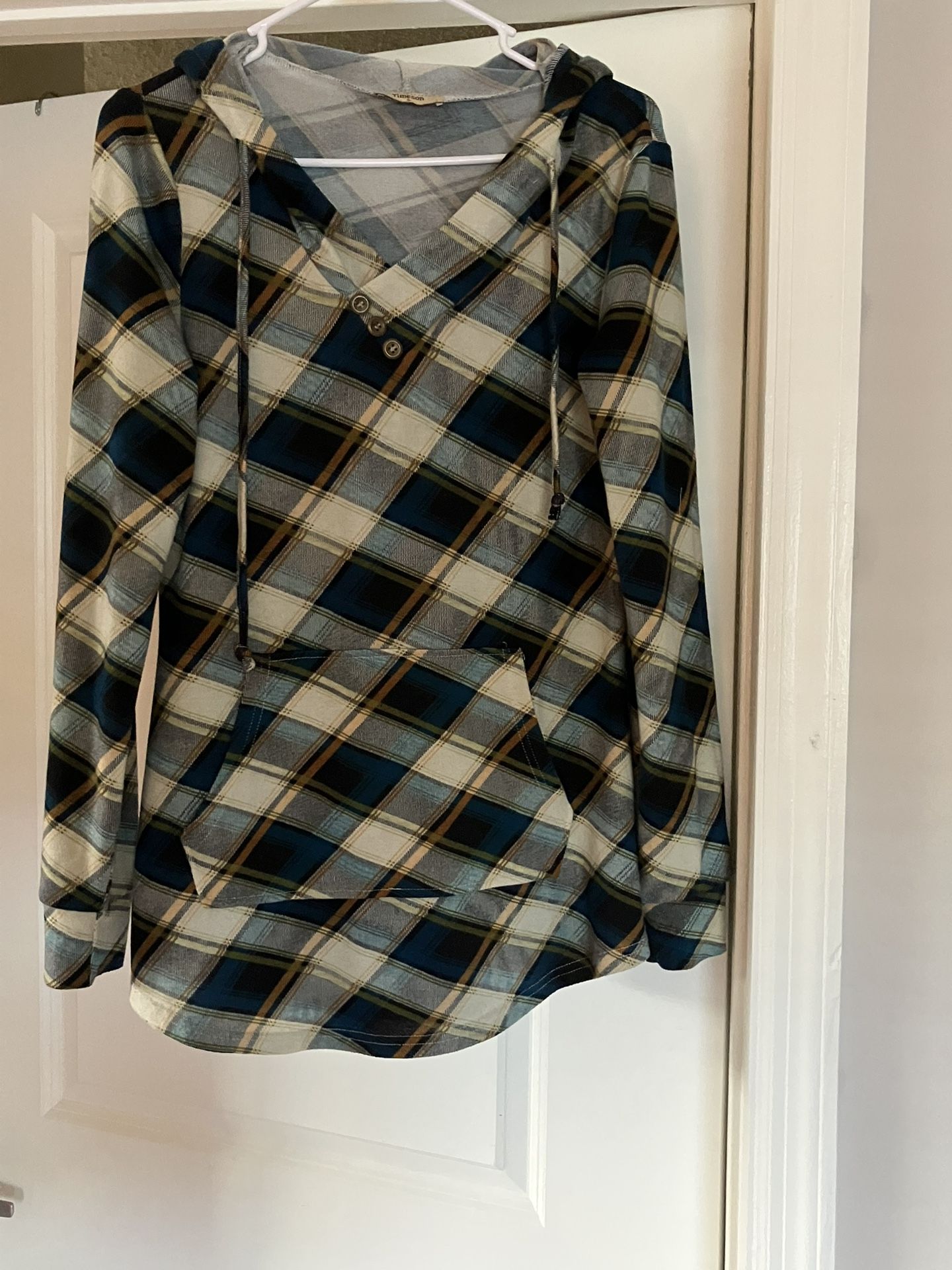 Timeson Top Hooded Green Bone Plaid Long