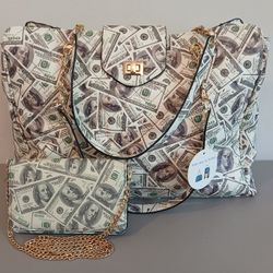 Women's Money Bills Oversized Quilted Tote Travel Bag and Clutch Purse