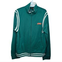 Vintage Budweiser GPC Green White Striped Zip Up Sweater Jacket Large Mens