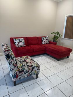 Red Sectional Sofa with Comic Print Accent Chair