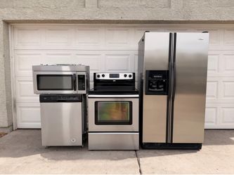 Refrigerator Range Dishwasher Microwave Stainless Set 60 Day Warranty