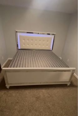 White Bed Frame with Tufted Headboard and LED Lighting