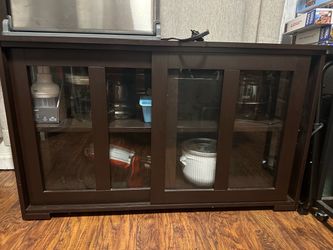 Dark Brown Wood Cabinet with Glass Sliding Doors
