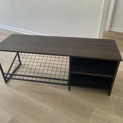 Industrial Entryway Bench with Shoe Storage – Dark Wood & Black Metal – Excellent Condition