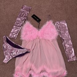 New 2xl Pink Feather Festival Rave Fem Bot Costume Dress Lingerie 