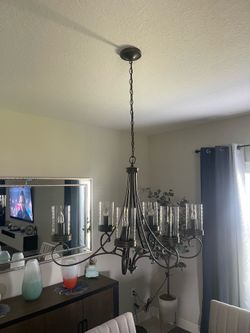 Brown metal/glass chandelier w/6 lights.