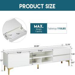🥨White TV Stand ,TV Cabinet for 65 inch TV.,Entertainment Center Media Console,UV Bloom Drawer Panel,Gold Metal Table Legs, for Living Room, Bedroom