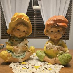 Vintage Universal Statuary 1974 Boy Andy & Dog, Girl Alice & Cat Statues. 11 in Tall