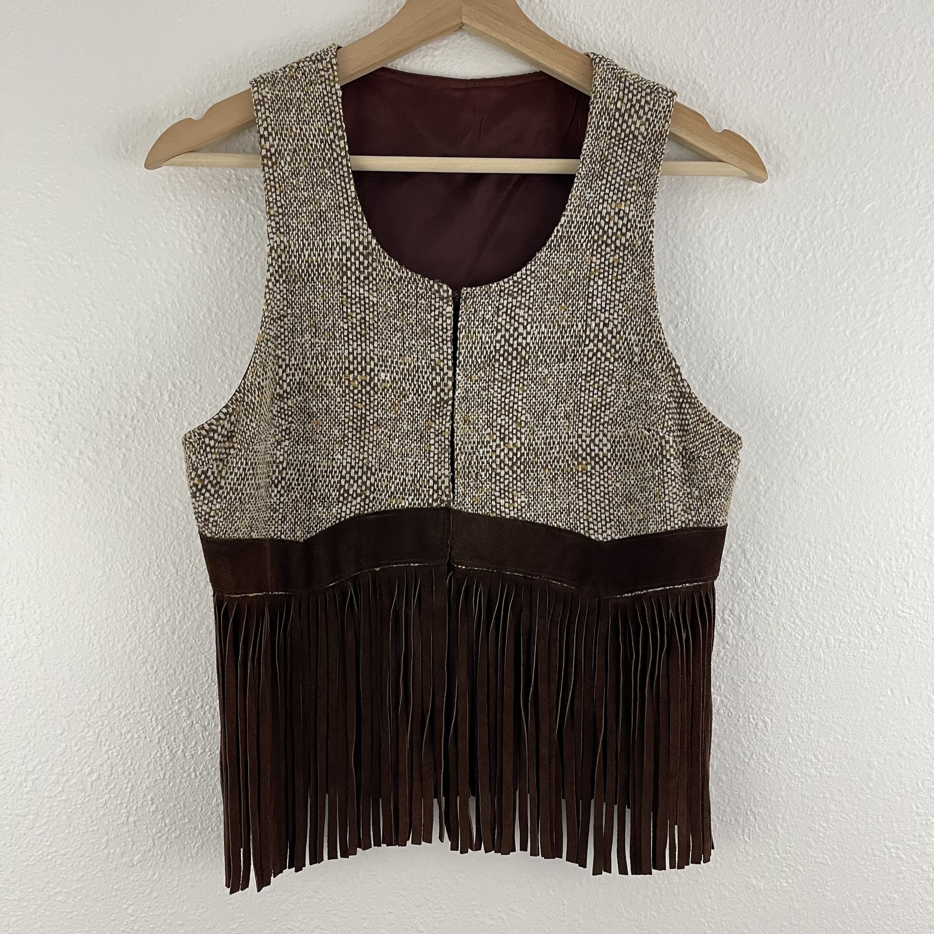 Vintage 90s Western Boho Brown Tan Leather Fringe Hem Tweed Sleeveless Vest Top
