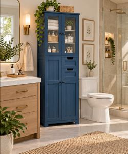 Bathroom Storage Cabinet, Linen Cabinet with Glass Doors and Adjustable Shelves, Kitchen Pantry with 2 Drawers for Bathroom, Living Room, Dining Room,