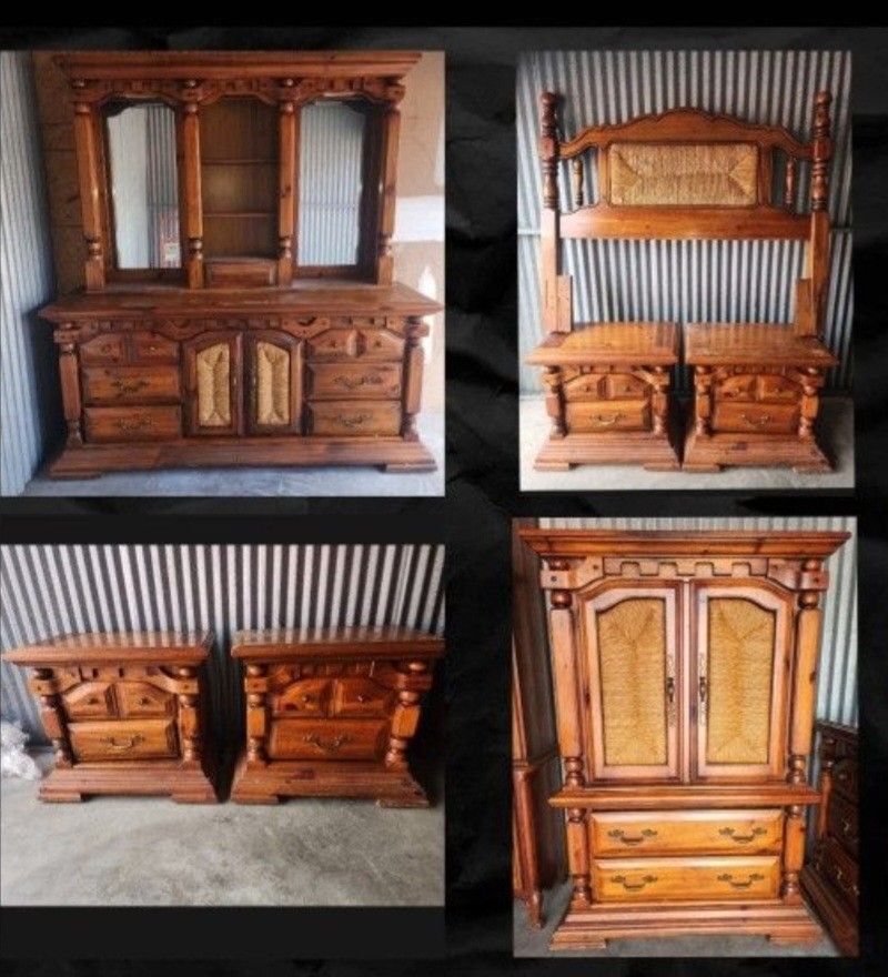 Vintage Wardrobe Armoire Dresser Set With Mirror, 2 Nightstands And Headboard 5 Piece Set $550