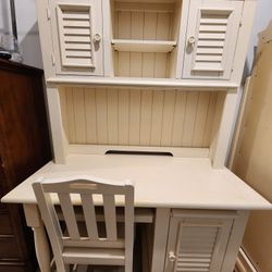 Cream Wood Desk with Hutch & Matching Chair - Cottage/French Country Style