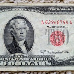 1953-B vintage $2 bill red seal currency note old American paper money