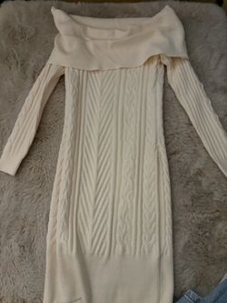Cream Off-Shoulder Cable Knit Sweater Dress