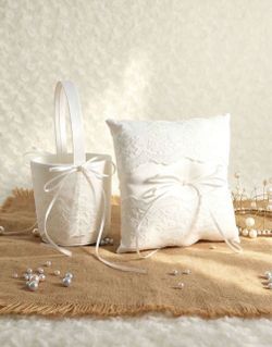 Wedding Flower Basket & Ring Pillow Set, Large Ring Pillow - Wedding Lace Flower Basket, Lace Pearl Ivory Wedding Party Ring Tray - Exquisite Lace Emb