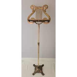 Vintage Adjustable Brass Book or Sheet Music Lyre Harp Footed Stand