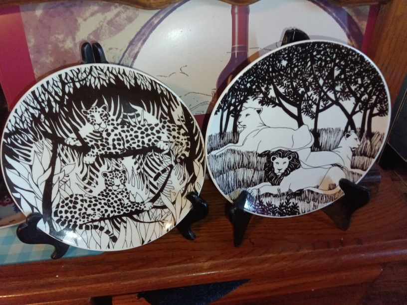 1970s Black& White Transferware African Safari Plates Set Of 4