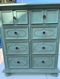Distressed Turquoise 8-Drawer Accent Chest - Shallow Storage Cabinet