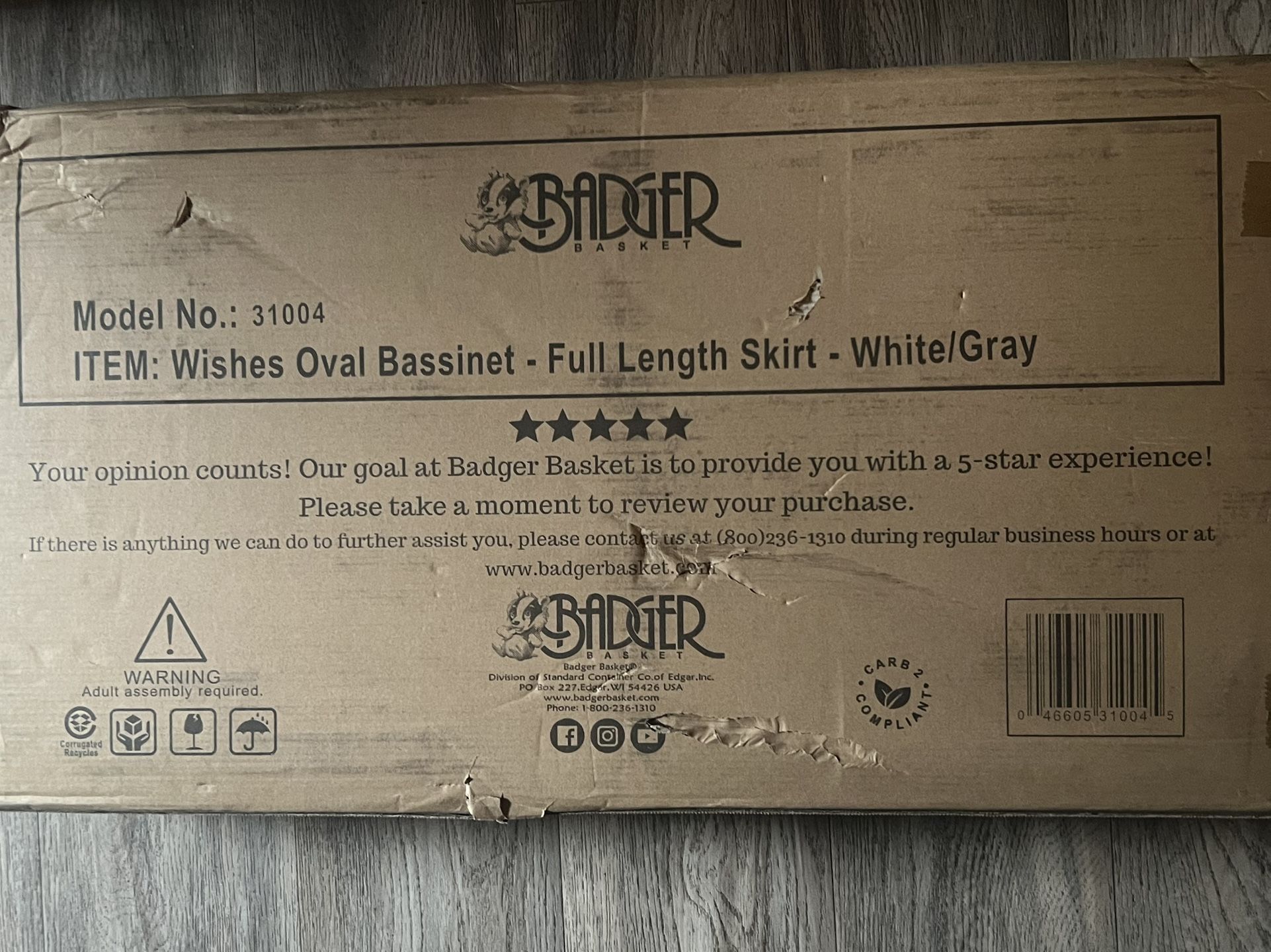 Baby Badger Basket Wishes Oval Bassinet White/Gray