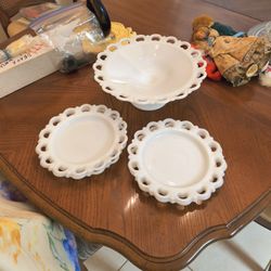 Set Of Milk Glass Dessert Dishes and Bowl 5pc. 40..00