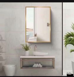 New 16 in. W × 28 in. H Rectangular Gold Metal Mirrored Medicine Cabinet. Recessed or Surface Mount for Bathroom