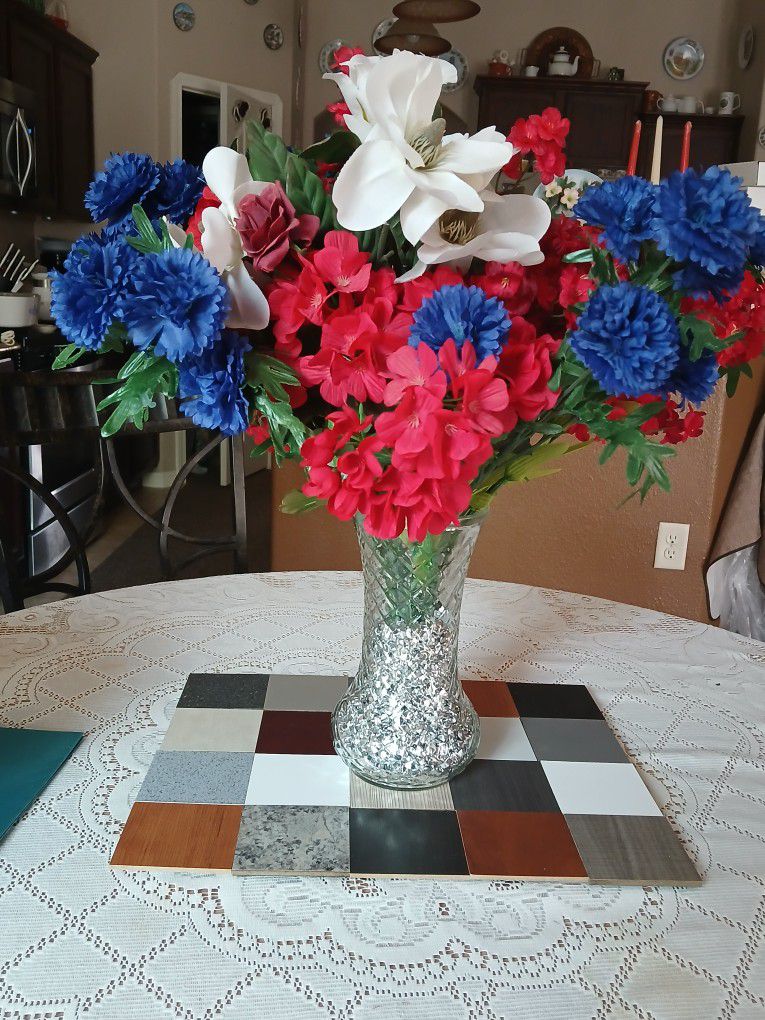 Artificial Flower Arrangement Red, White & Blue Flowers are New with Tags 
