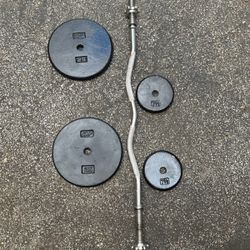 65 LBS. OF CAP PANCAKE STANDARD PLATES WITH STRONG STANDARD CURL BAR. (PAIRS OF) :  25s  &  7.5s